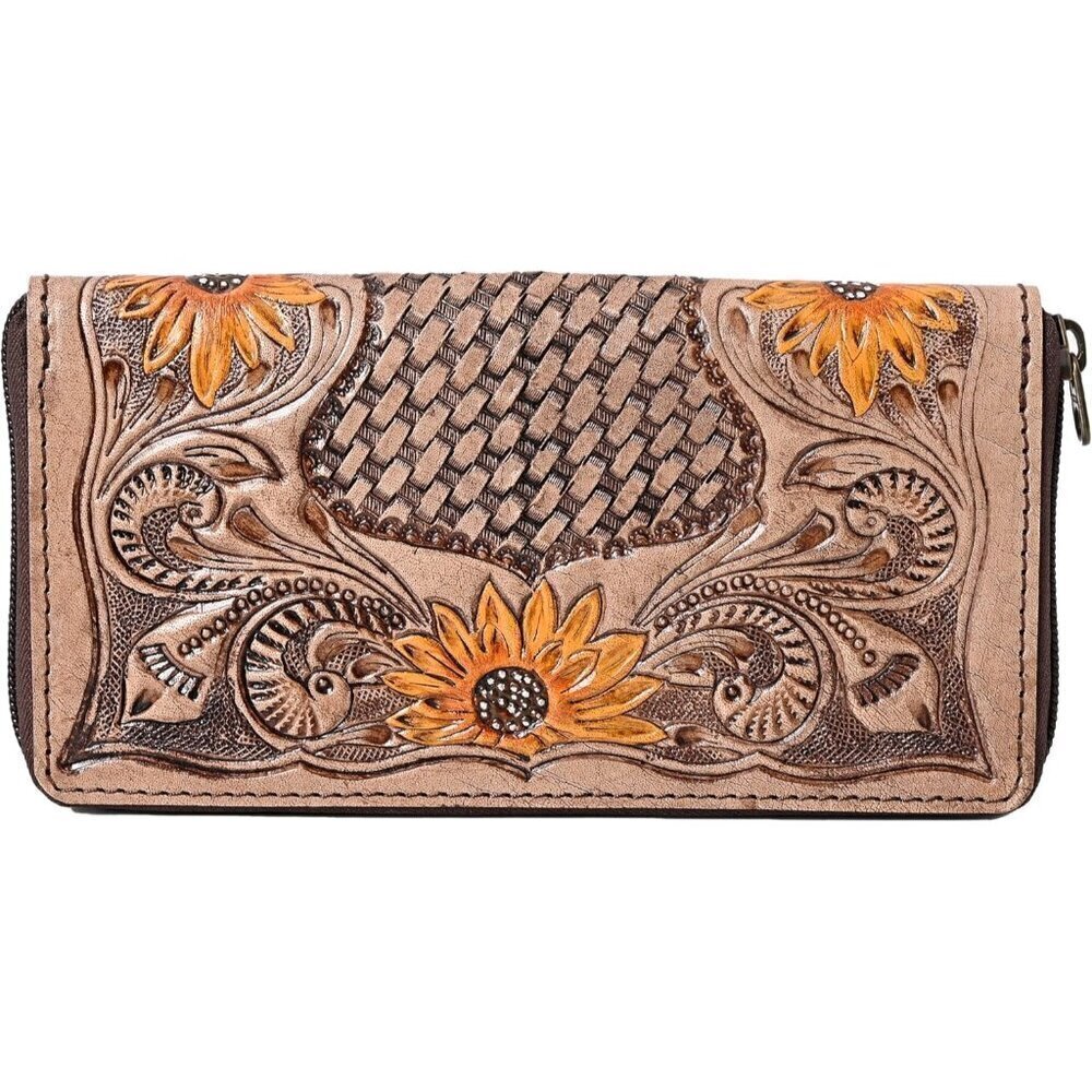 🆕Women's Bifold Flower Carved Slots Basket Tooled Clutch Zip Around Wristlet
